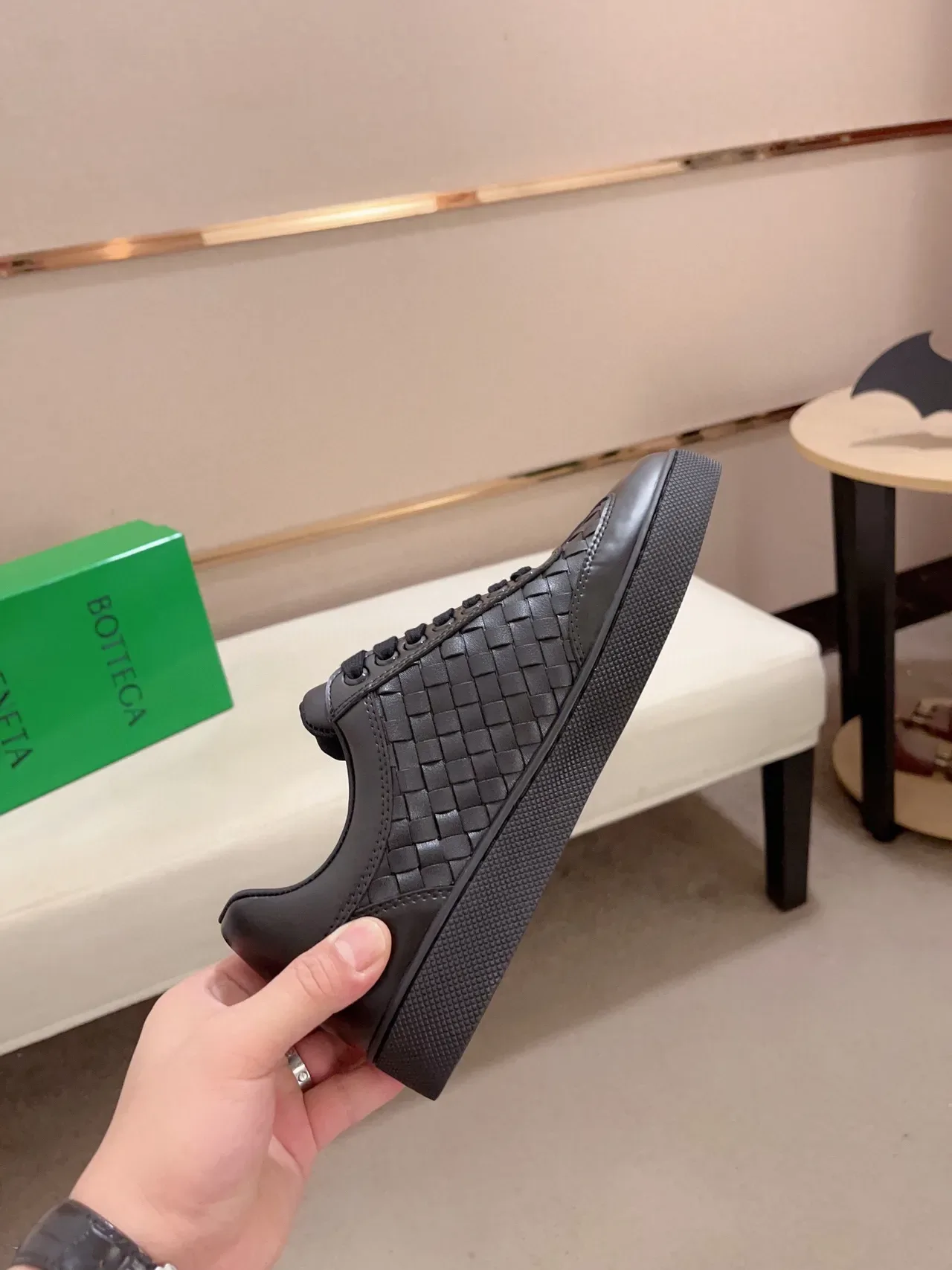 Bottega Veneta Andiamo Couro Tecido Preto Estilo de Vida Tênis 5