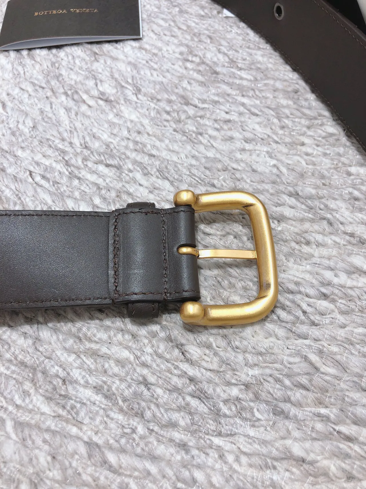 Bottega Veneta Marrom Dourado Intrecciato Tecido Oversized Fivela Retangular Cinto de Couro 3