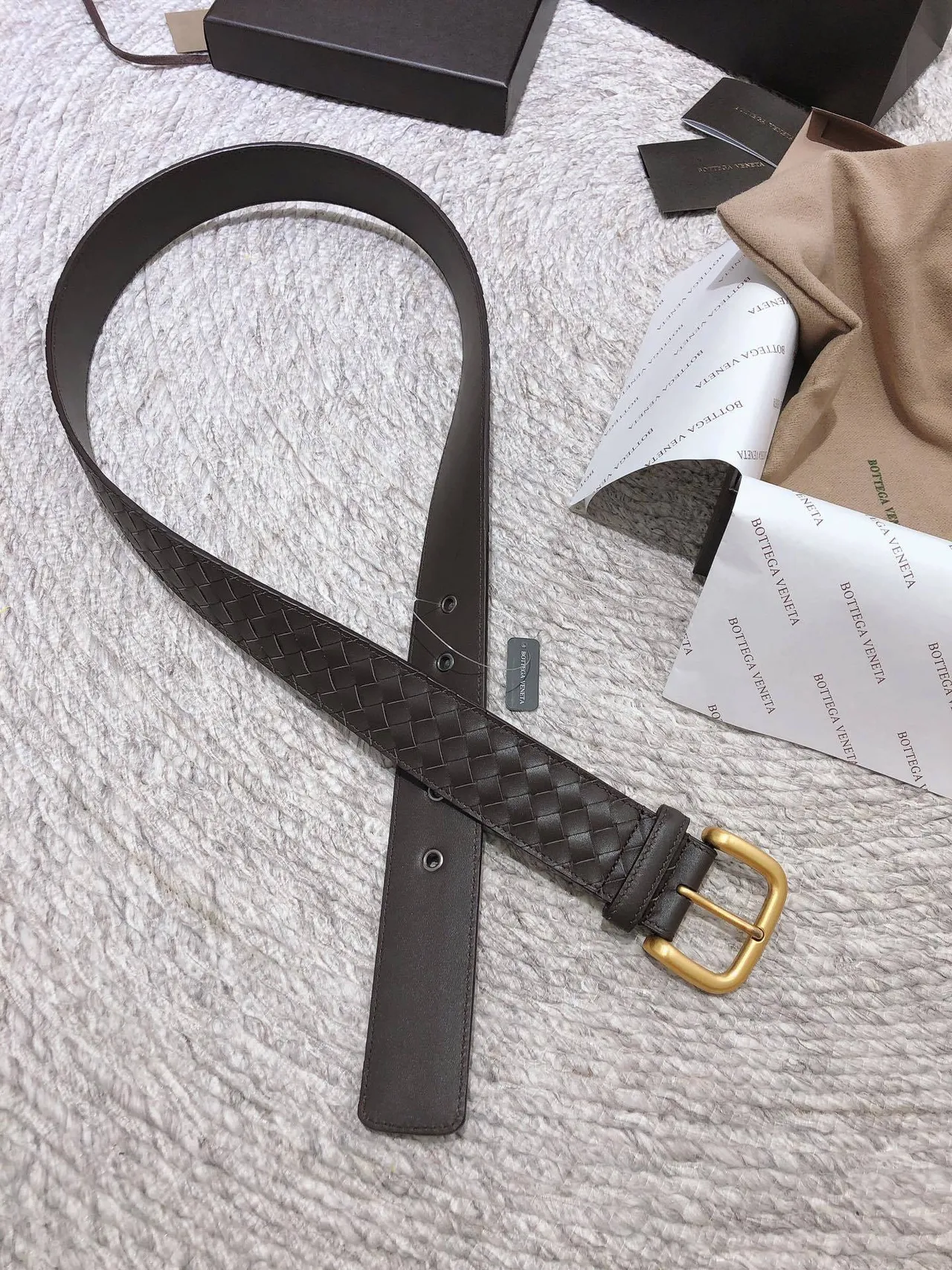 Bottega Veneta Marrom Dourado Intrecciato Tecido Oversized Fivela Retangular Cinto de Couro 6