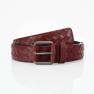 Bottega Veneta बर्गंडी ग्रे Intrecciato बुना हुआ आयताकार मैट मेटल बकल चमड़े की बेल्ट
