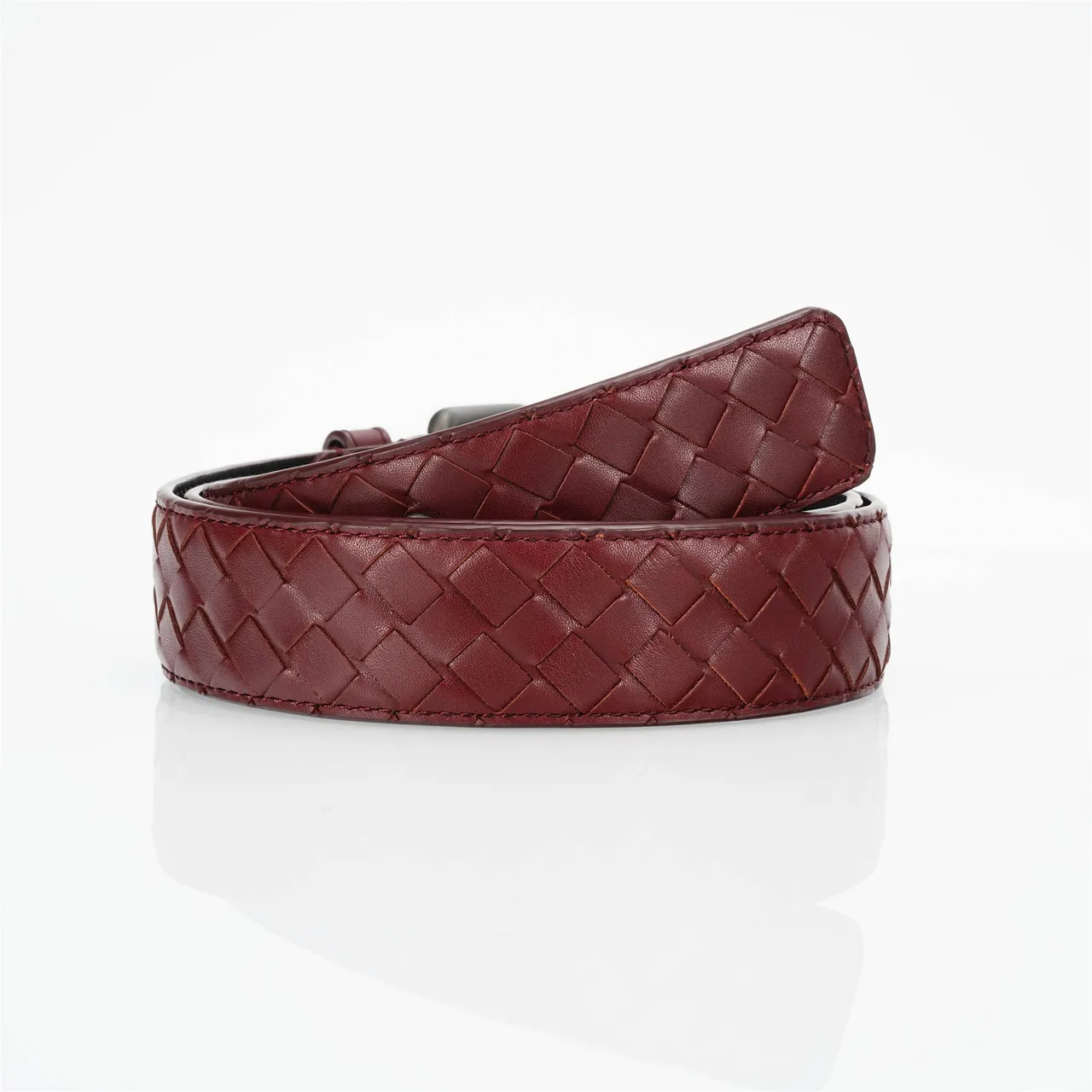 Bottega Veneta بوردو رمادي إنتريتشياتو منسوج مستطيل مات بكل معدني حزام جلدي 3