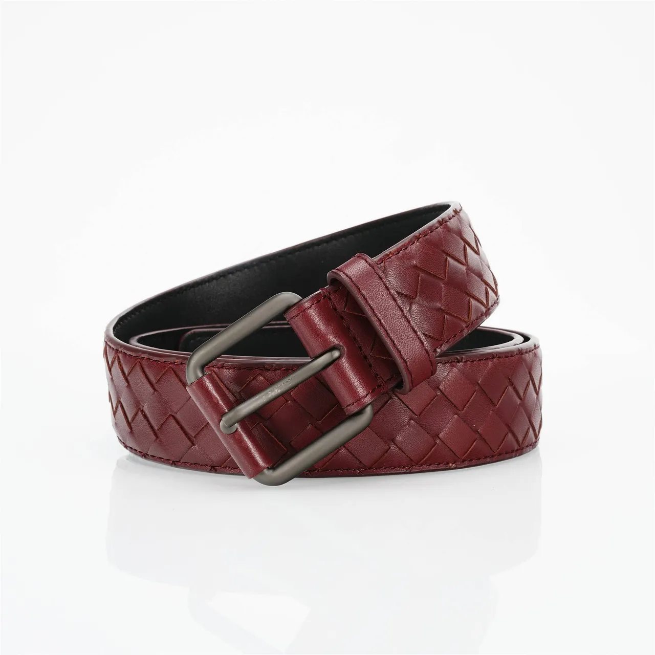 Bottega Veneta بوردو رمادي إنتريتشياتو منسوج مستطيل مات بكل معدني حزام جلدي 4