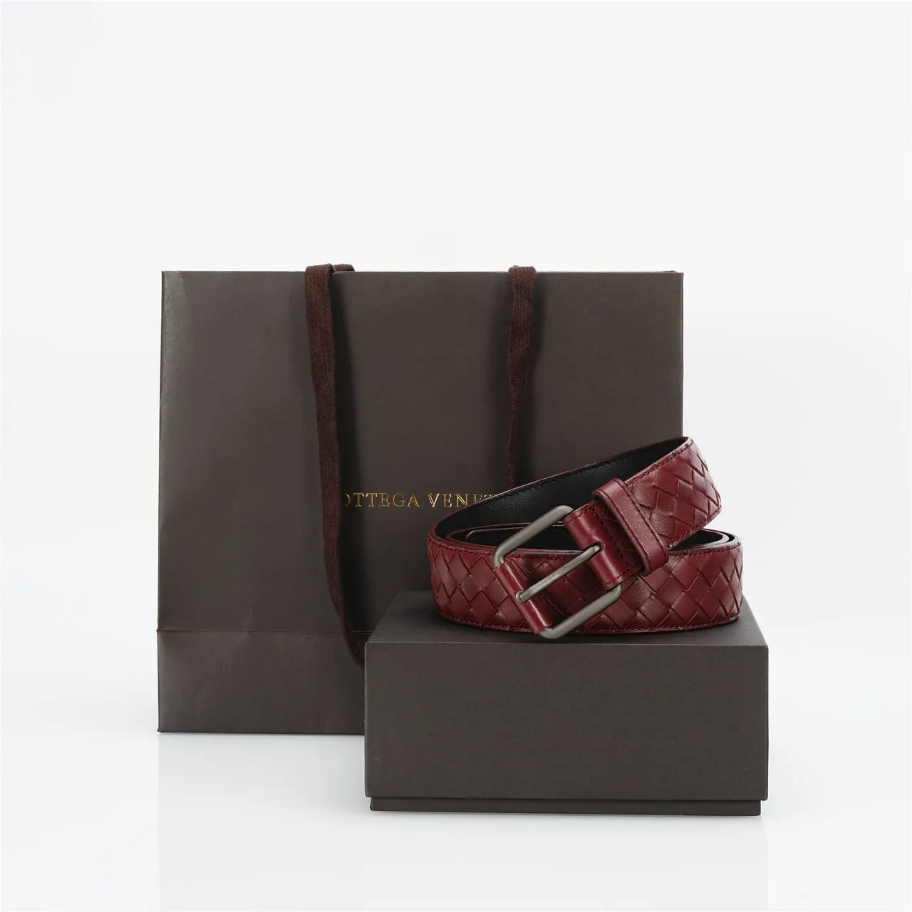 Bottega Veneta بوردو رمادي إنتريتشياتو منسوج مستطيل مات بكل معدني حزام جلدي 5