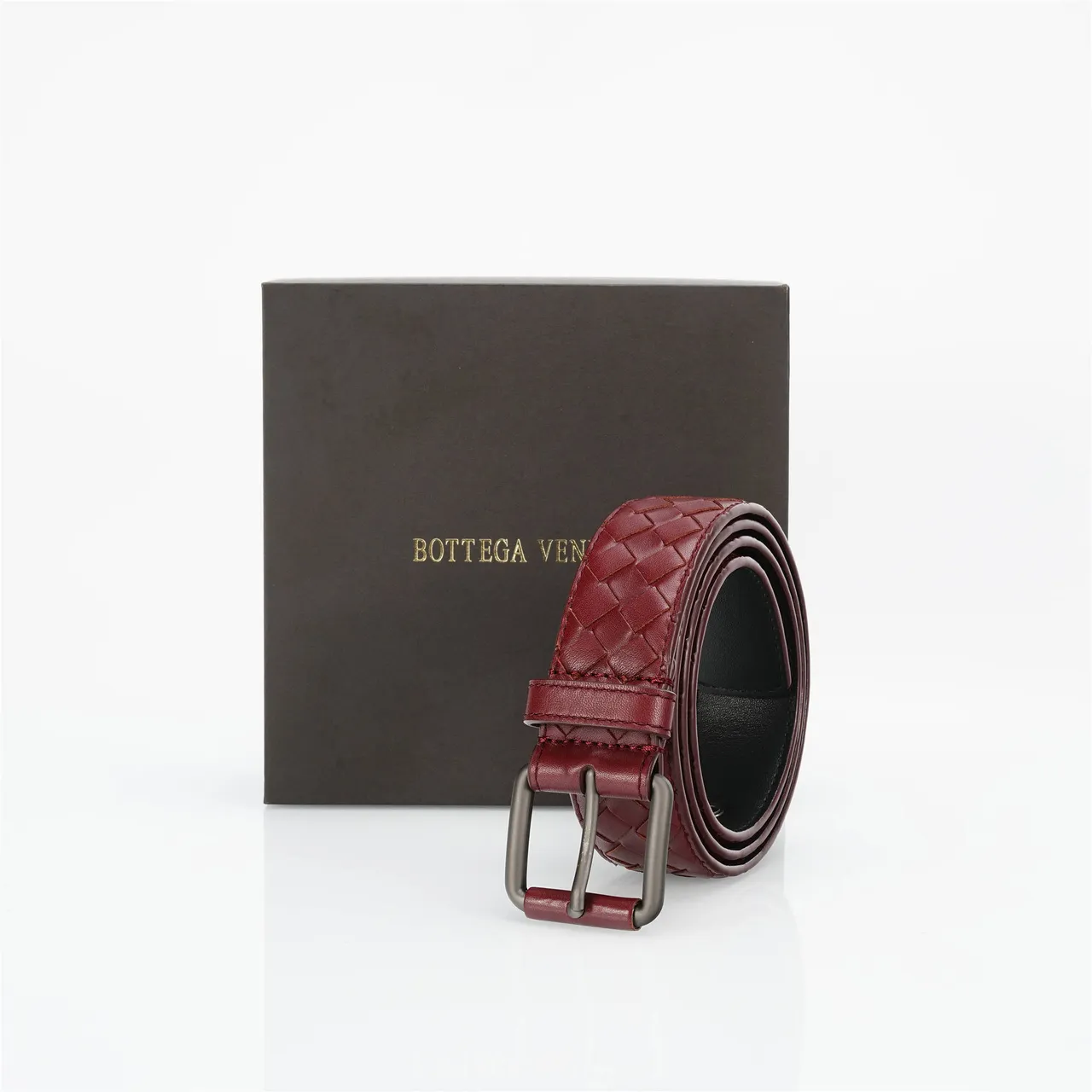 Bottega Veneta بوردو رمادي إنتريتشياتو منسوج مستطيل مات بكل معدني حزام جلدي 6