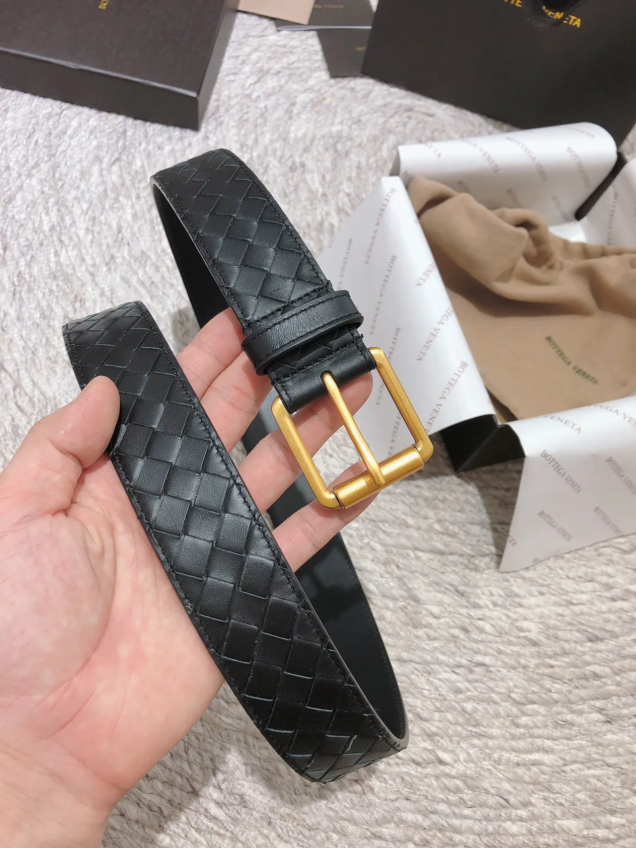 Bottega Veneta Intrecciato Cinto Preto Dourado Tecido Retangular Fivela Couro Cinto 2