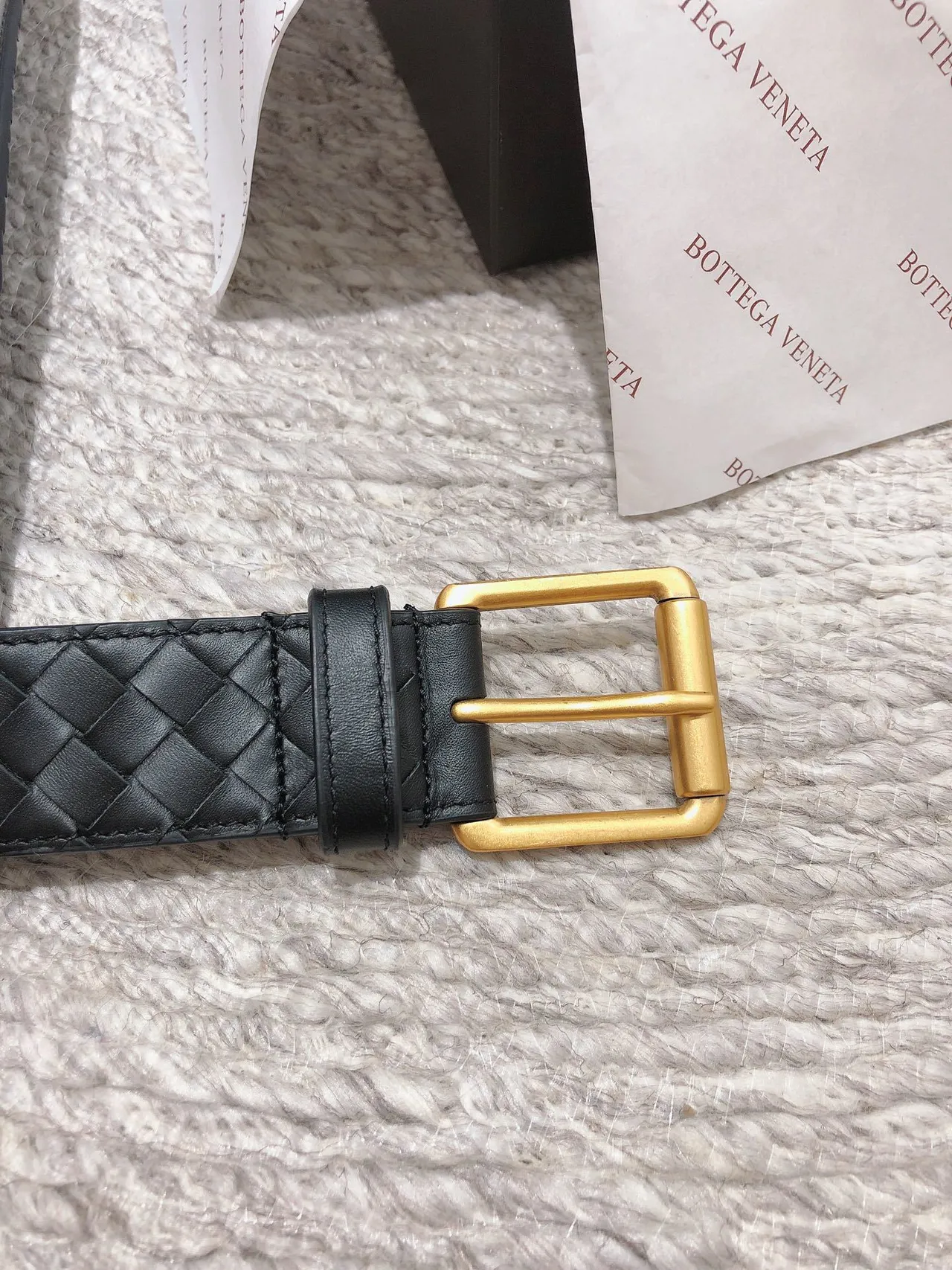 Bottega Veneta Intrecciato Cinto Preto Dourado Tecido Retangular Fivela Couro Cinto 4