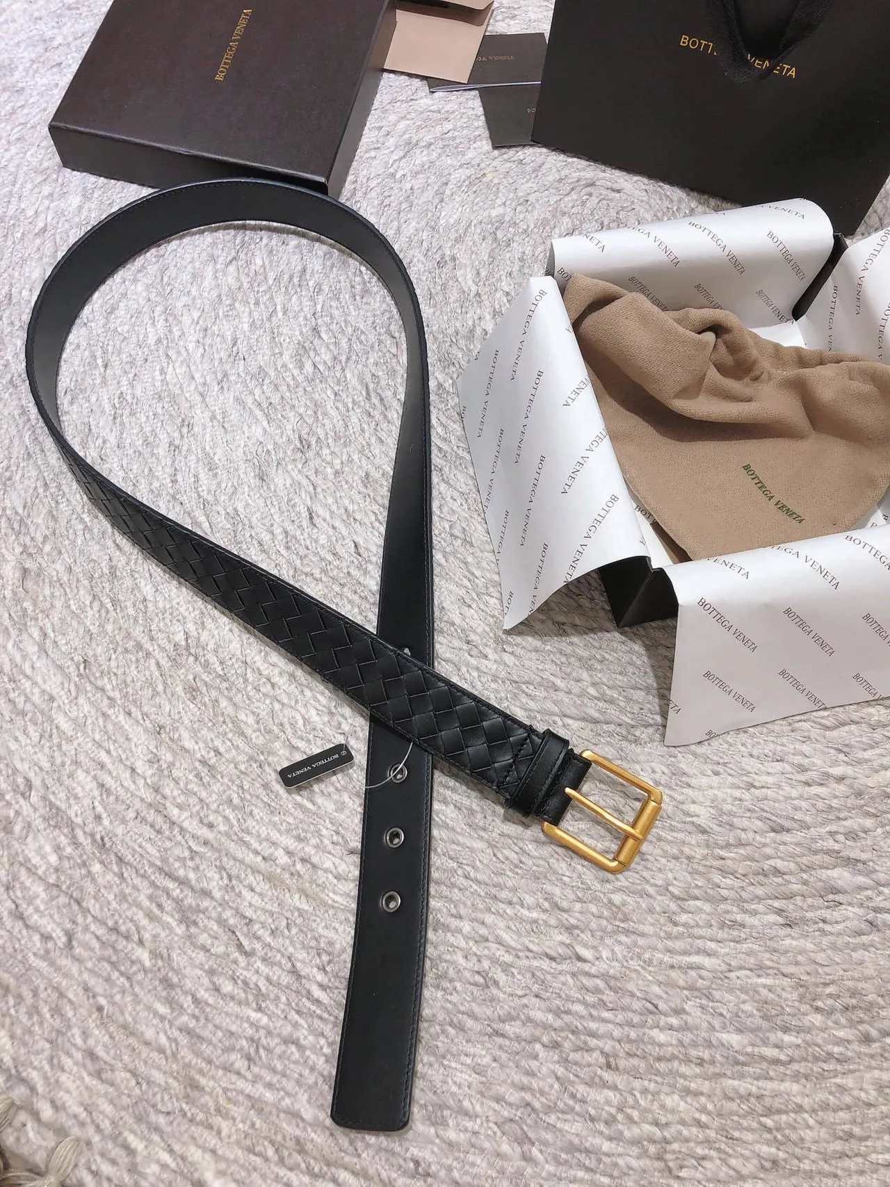 Bottega Veneta Intrecciato Cinto Preto Dourado Tecido Retangular Fivela Couro Cinto 5