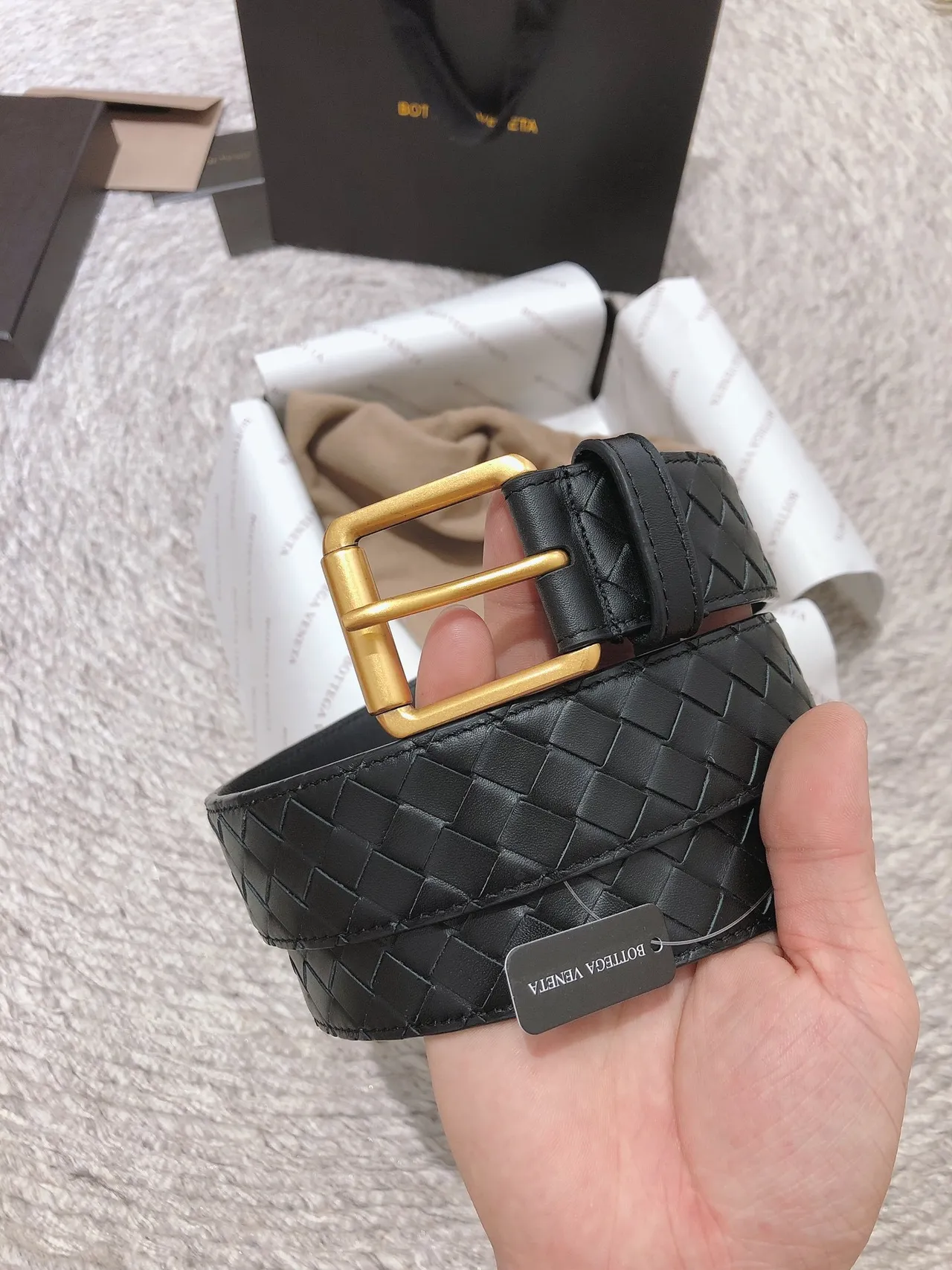 Bottega Veneta Intrecciato Cinto Preto Dourado Tecido Retangular Fivela Couro Cinto 6