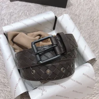 Bottega Veneta Intrecciato Belt भूरा काला बुनकर चमकहीन बकल चमड़े की बेल्ट