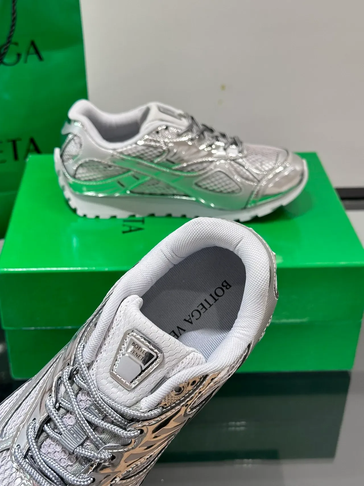 Bottega Veneta Metallic Silver Mesh-Paneled Lifestyle Sneakers 3