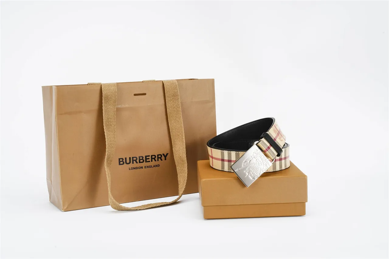 Burberry Beige Black Nova Check Fabric Trim Leather Belt 6