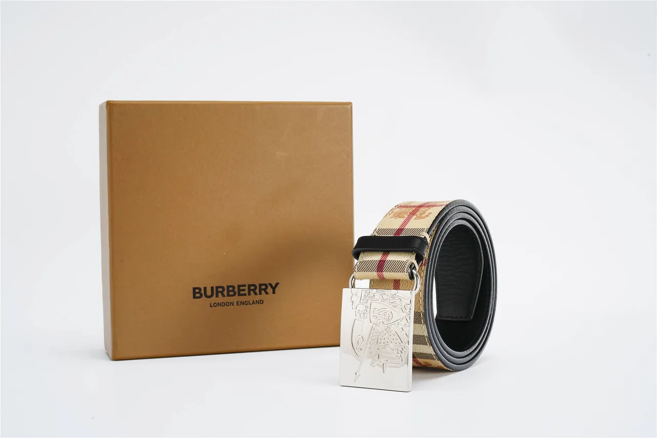 Burberry Beige Black Nova Check Fabric Trim Leather Belt 7