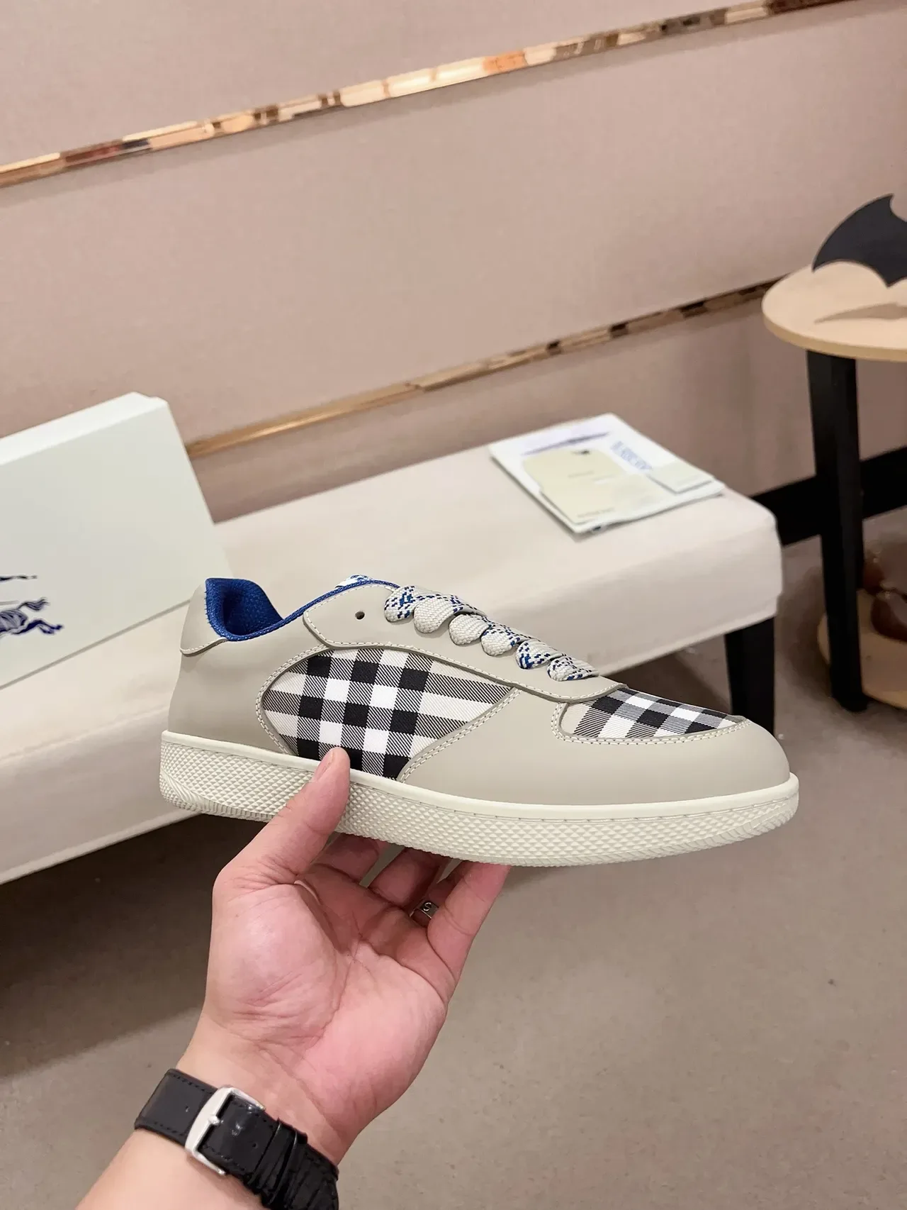Burberry Beige Blue Paneled Leather Upper House Check Side Panels Lifestyle Sneakers 4