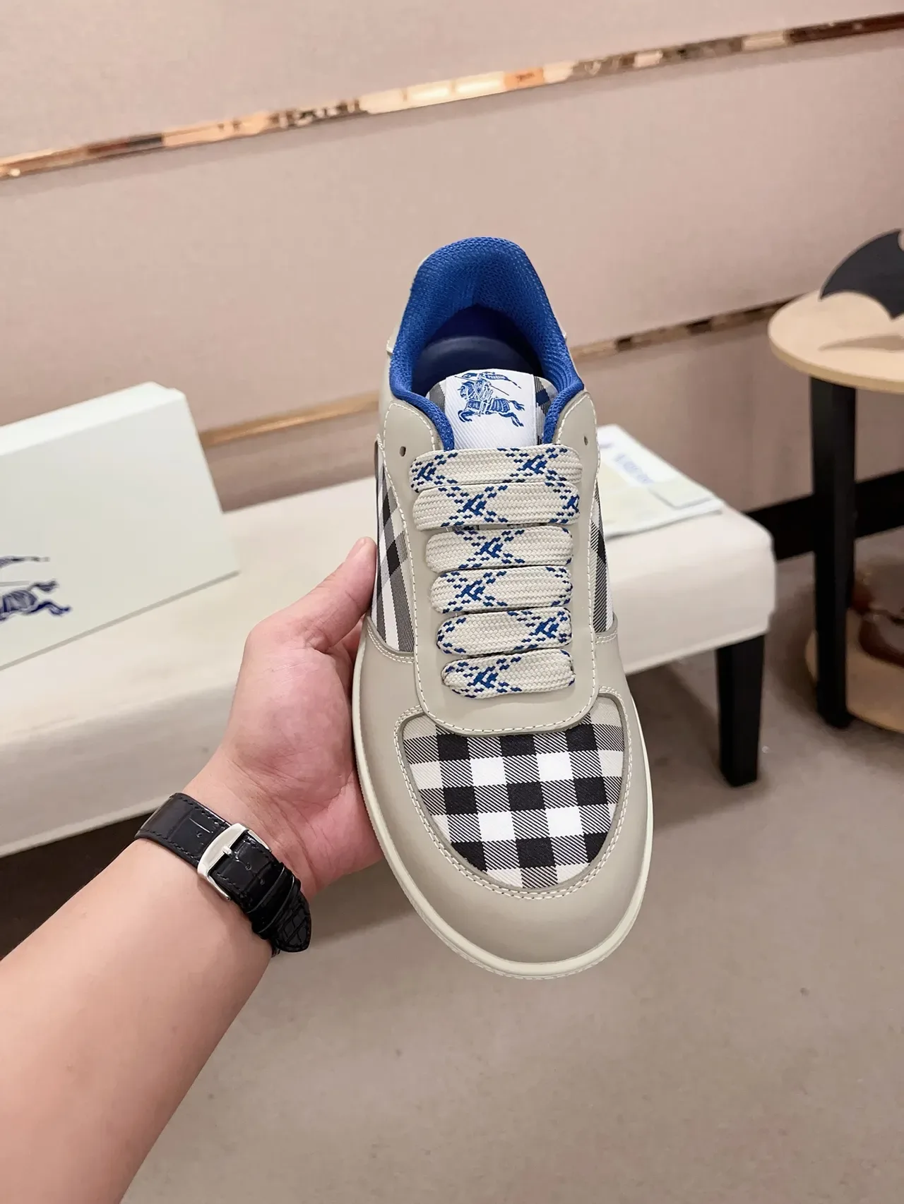 Burberry Beige Blue Paneled Leather Upper House Check Side Panels Lifestyle Sneakers 5