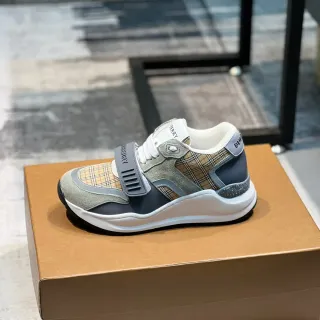 Burberry Beige Gray Plaid-Paneled Strap-Accented Chunky Sneakers