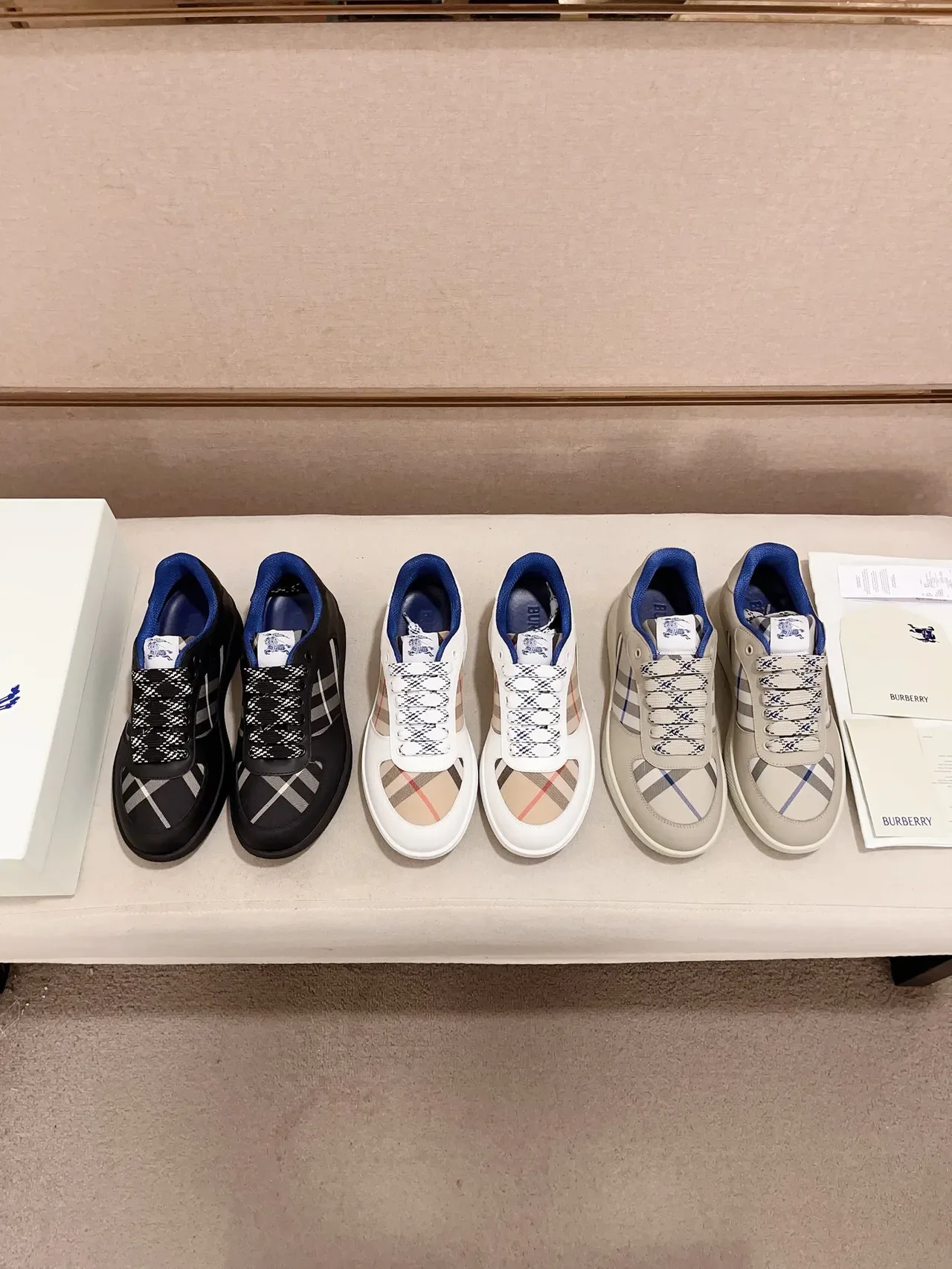 Burberry Black Blue Low-Top Leather-and-Check-Panel Lifestyle Sneakers 2