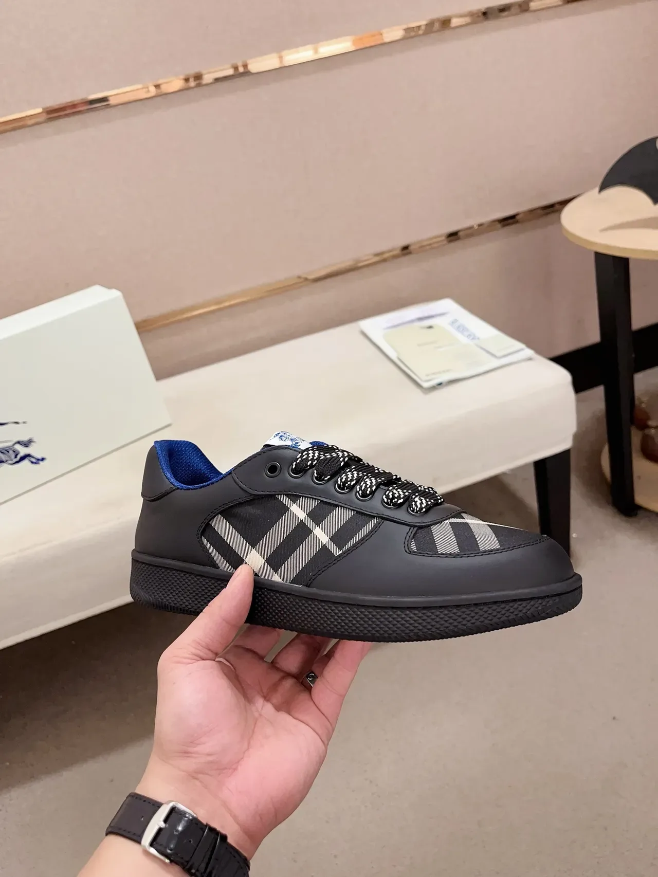 Burberry Black Blue Low-Top Leather-and-Check-Panel Lifestyle Sneakers 5