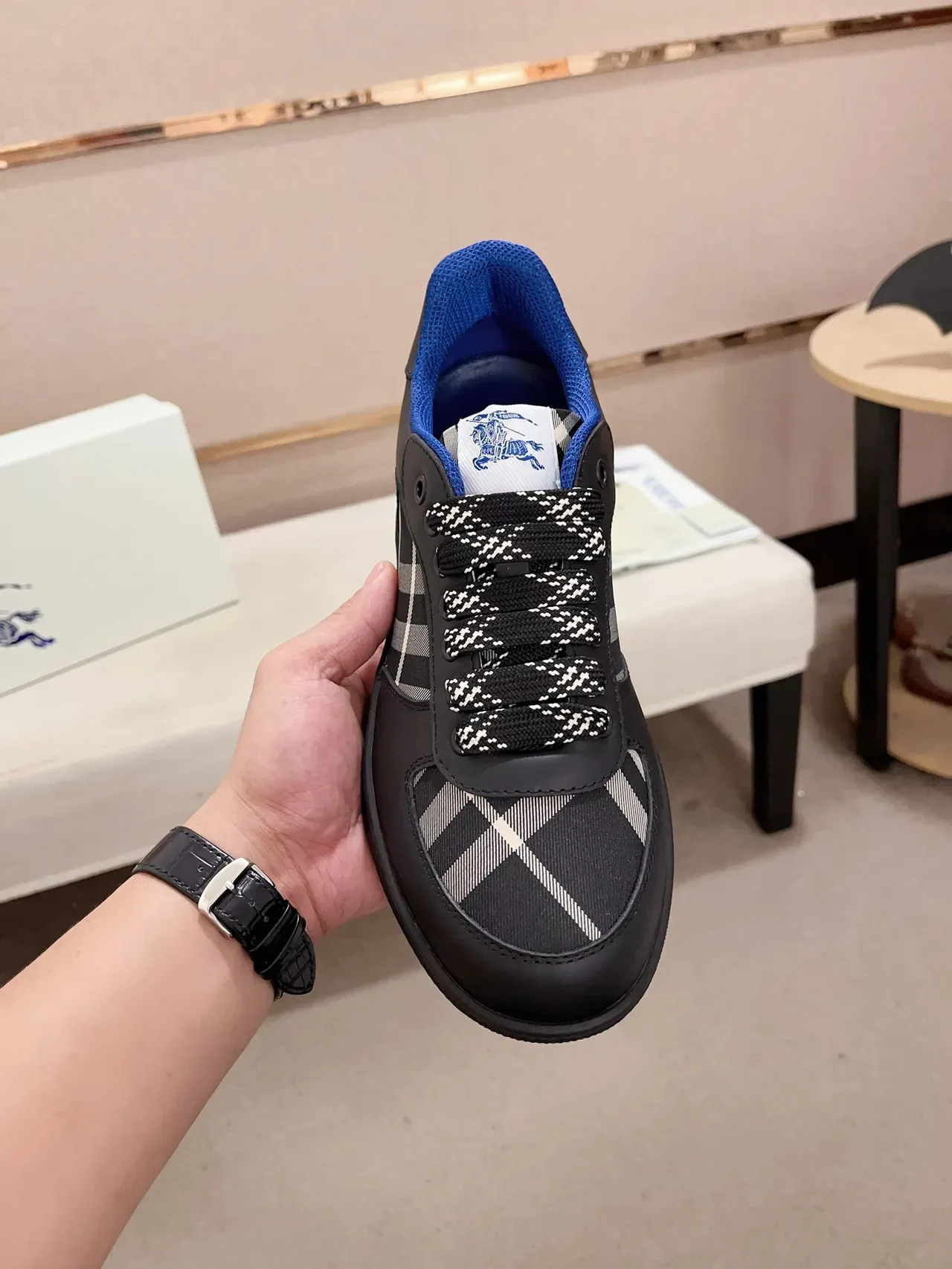 Burberry Black Blue Low-Top Leather-and-Check-Panel Lifestyle Sneakers 6