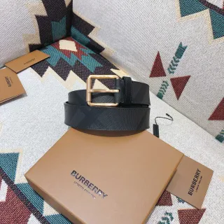 Burberry काली सोने की चेक पैटर्न वाली कोटेड कैनवास स्मूथ ट्रिम लेदर बेल्ट