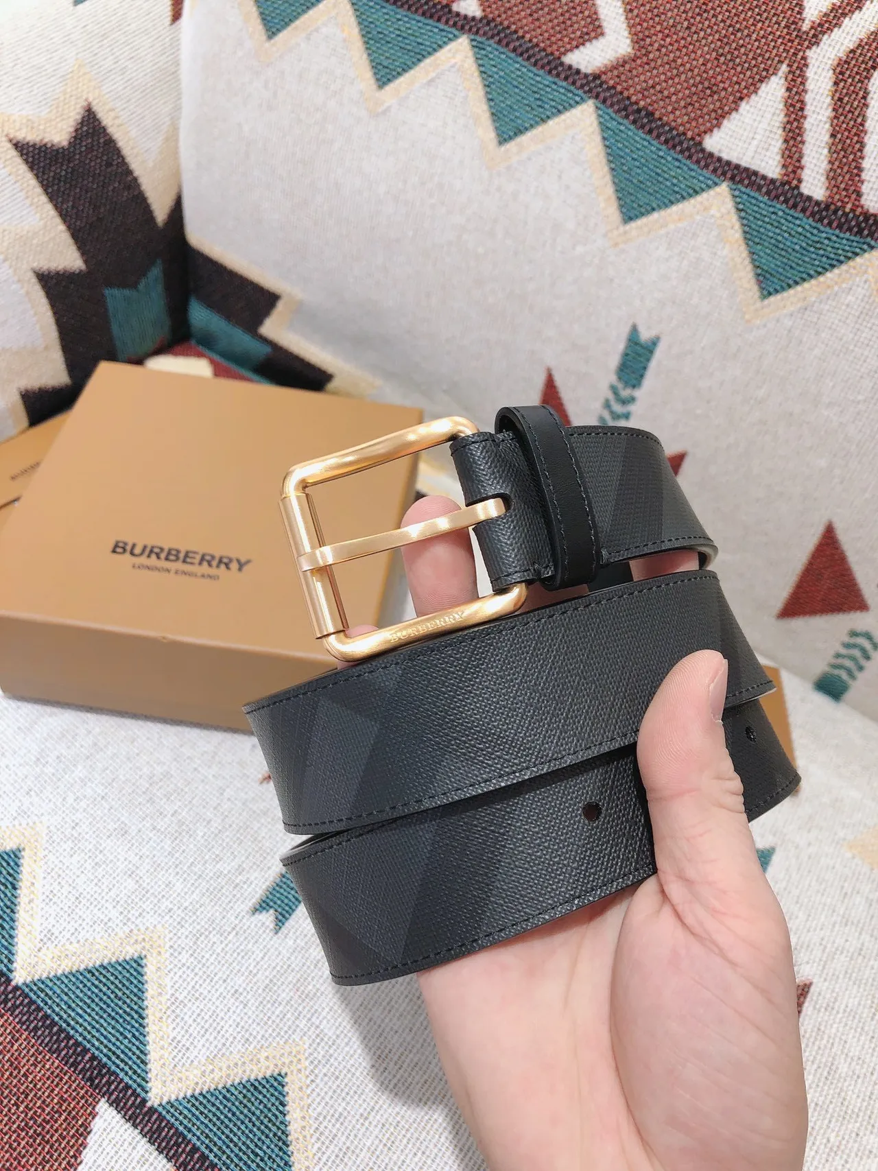 Burberry Black Gold Check-Patterned Coated Canvas Smooth Trim Leather Belt 2