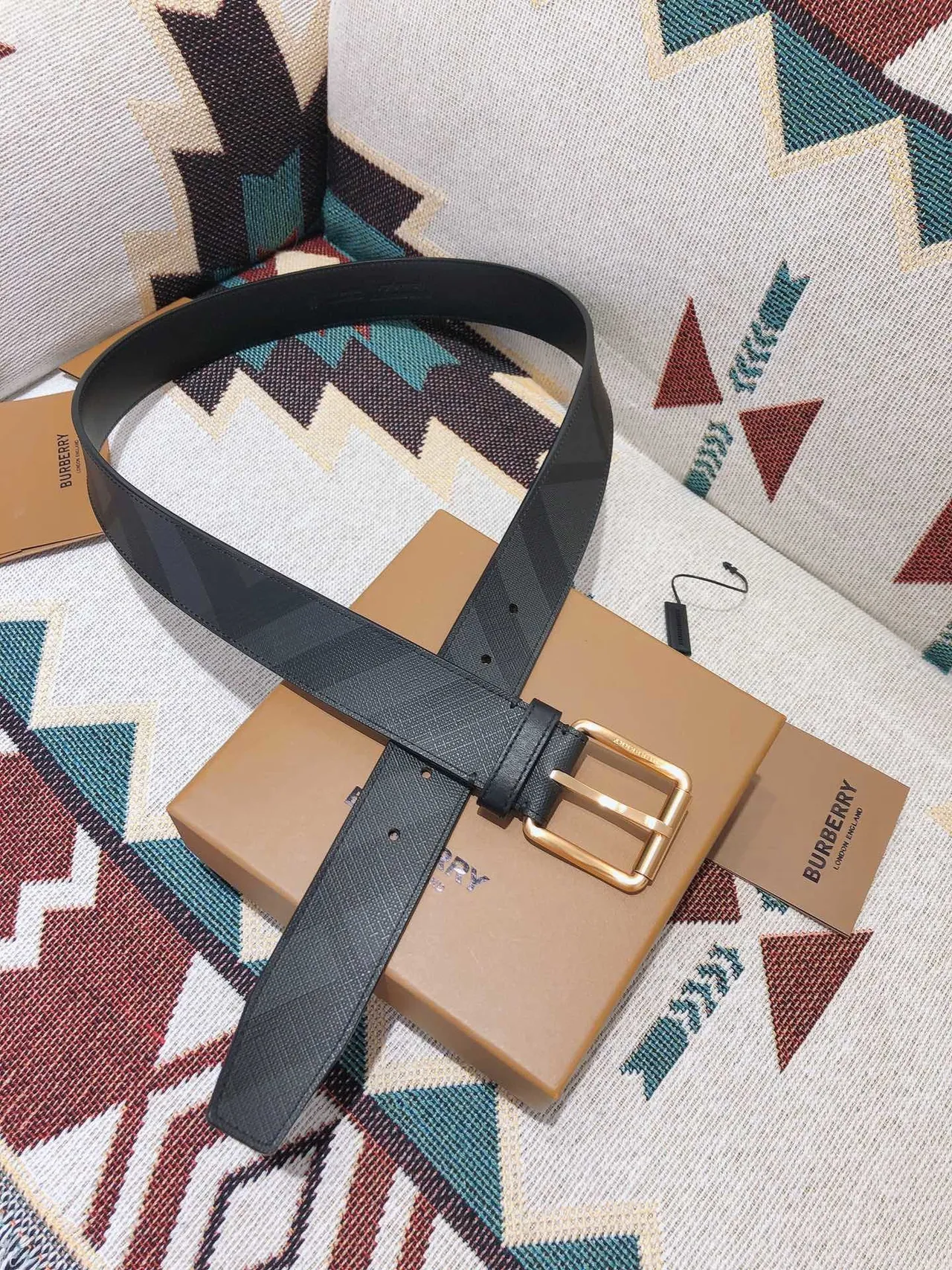 Burberry Black Gold Check-Patterned Coated Canvas Smooth Trim Leather Belt 4