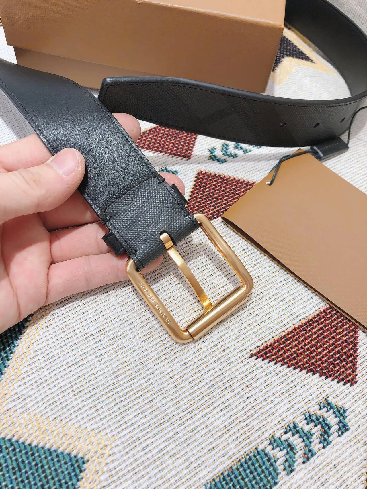 Burberry Black Gold Check-Patterned Coated Canvas Smooth Trim Leather Belt 5