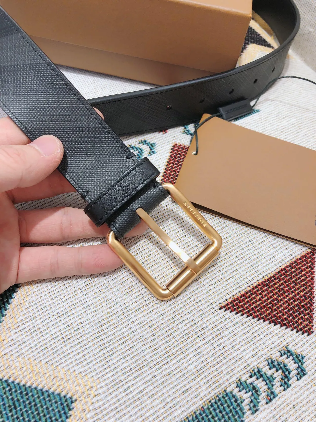 Burberry Black Gold Check-Patterned Coated Canvas Smooth Trim Leather Belt 6