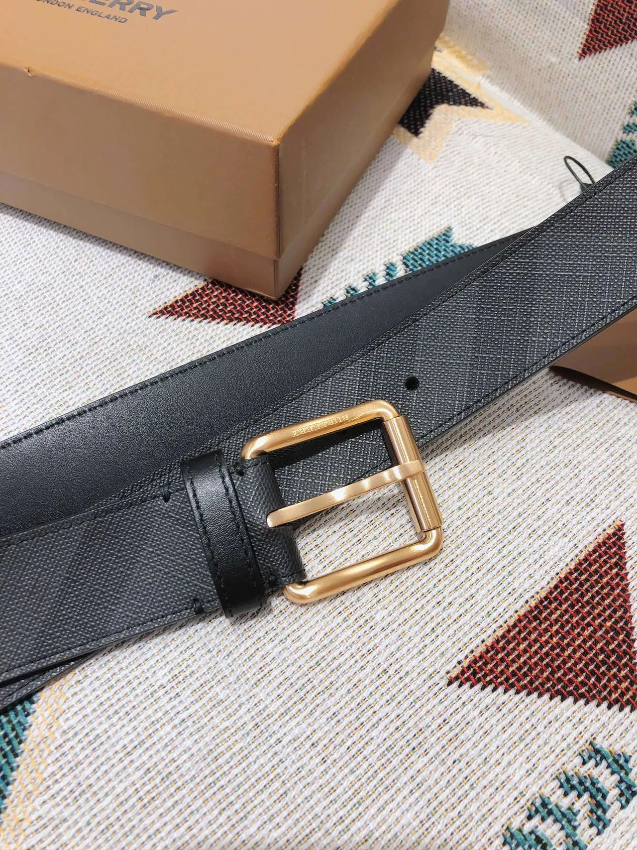 Burberry Black Gold Check-Patterned Coated Canvas Smooth Trim Leather Belt 7
