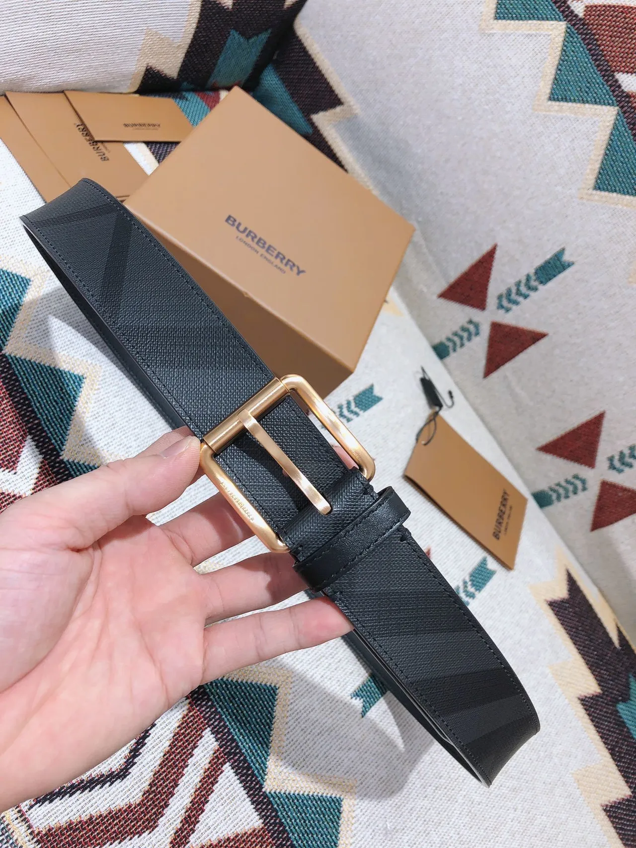 Burberry Black Gold Check-Patterned Coated Canvas Smooth Trim Leather Belt 8
