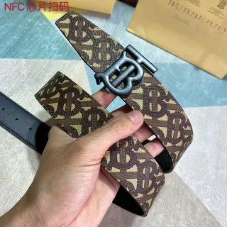 Burberry Knight Brown Beige Monogram-Coated Fabric Oversized TB Buckle Leather Belt