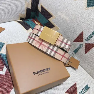 Burberry नाइट चेक पैटर्न बेज लेदर बेल्ट