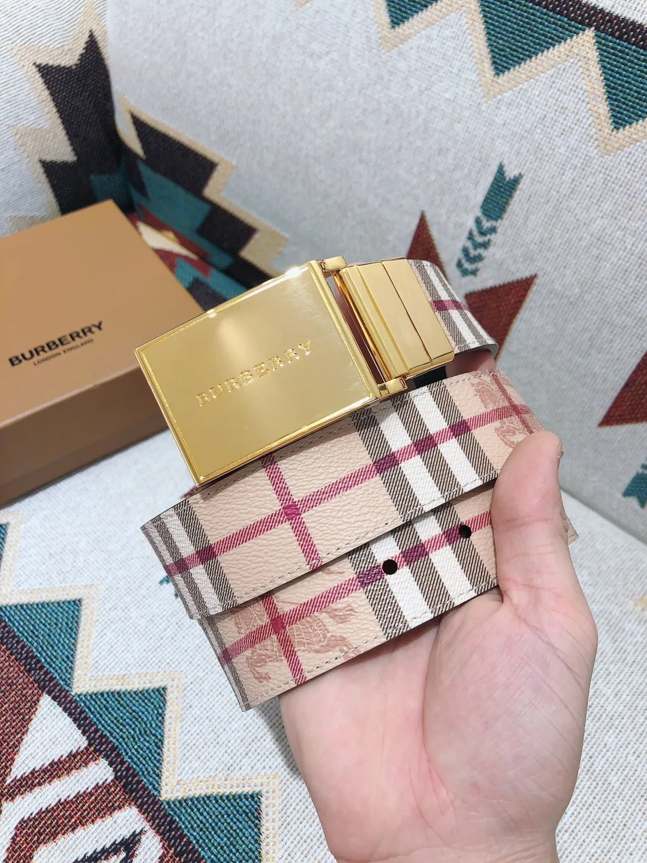 Burberry Knight Check Pattern Beige Leather Belt 2