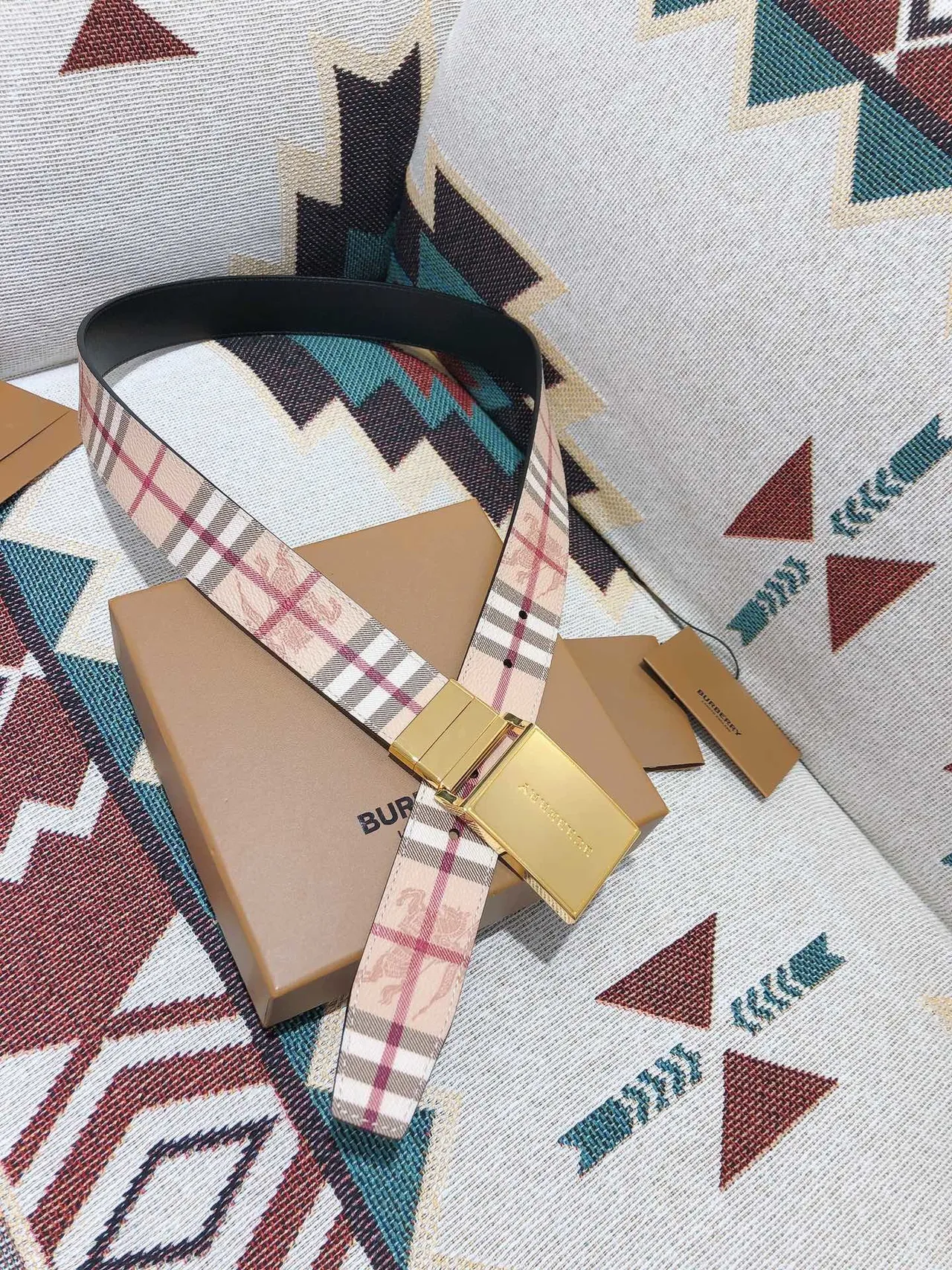 Burberry Knight Check Pattern Beige Leather Belt 4