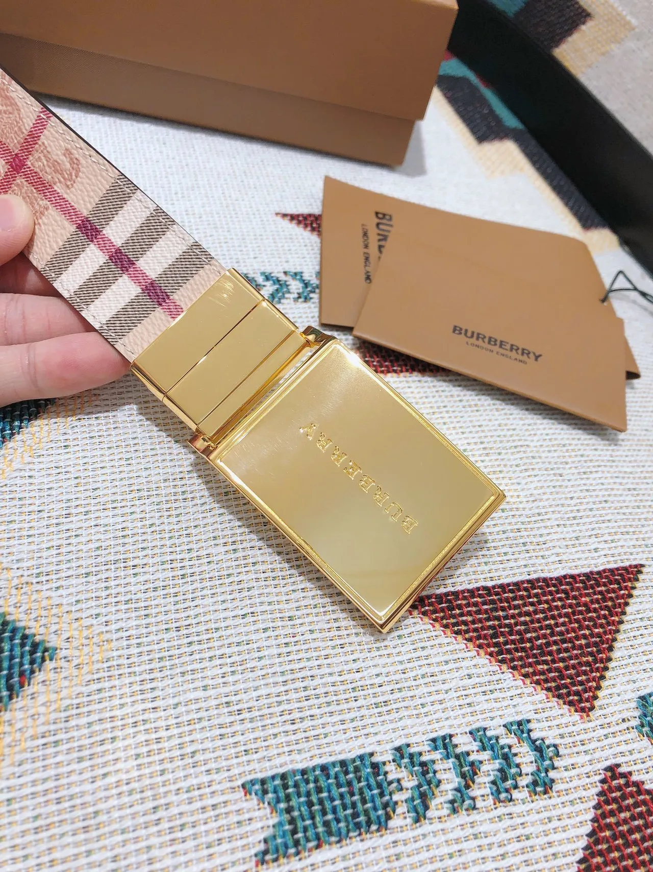 Burberry Knight Check Pattern Beige Leather Belt 6