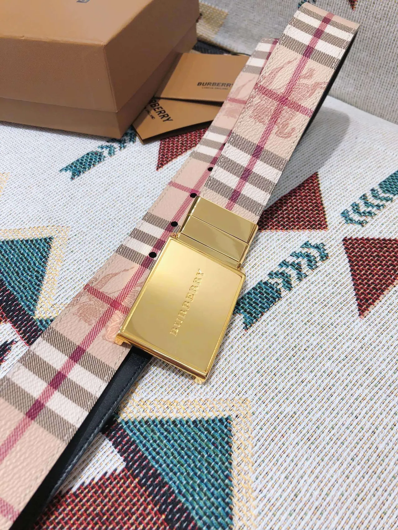 Burberry Knight Check Pattern Beige Leather Belt 7