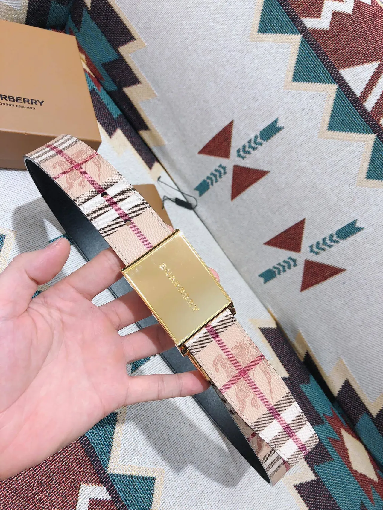Burberry Knight Check Pattern Beige Leather Belt 8