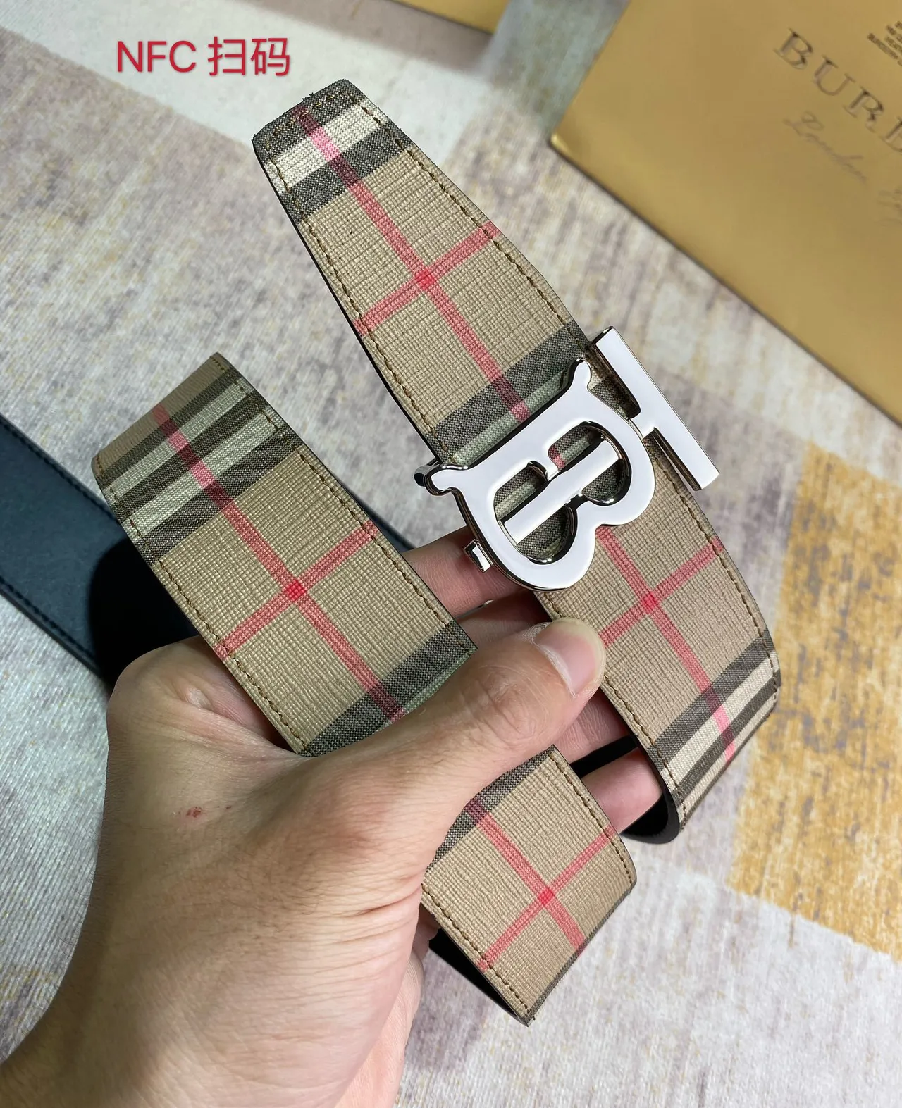 Burberry TB Check Belt Beige Red Vintage Monogram Buckle Canvas Belt 1