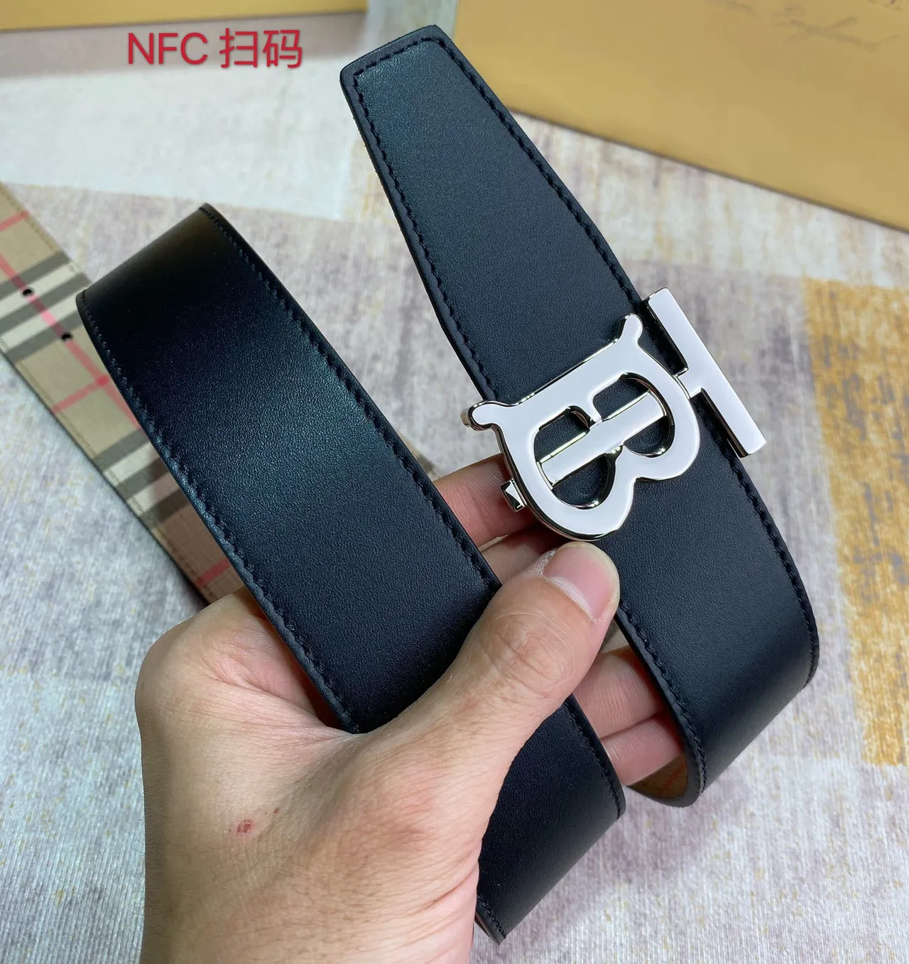 Burberry TB Check Belt Beige Red Vintage Monogram Buckle Canvas Belt 3