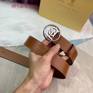 Burberry Thomas Monogram भूरा चांदी गोलाकार बकल टैन चिकना चमड़ा पट्टी