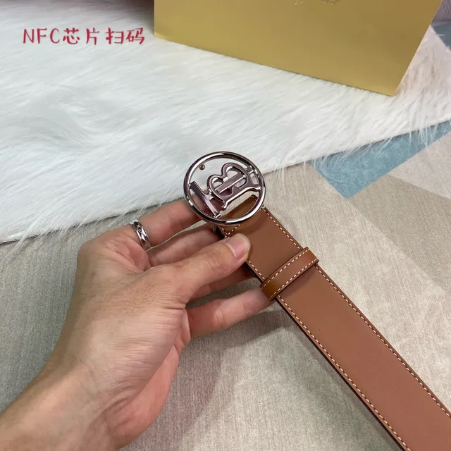 Burberry Thomas Monogram Belt Brown Silver Circular Buckle Tan Smooth Leather Belt 2