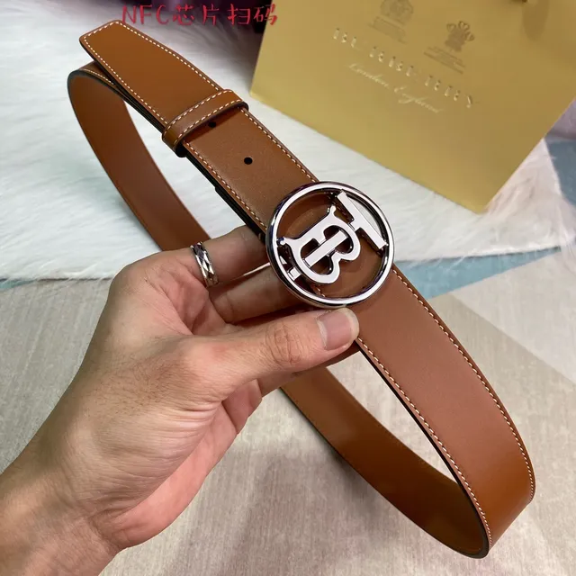 Burberry Thomas Monogram Belt Brown Silver Circular Buckle Tan Smooth Leather Belt 3