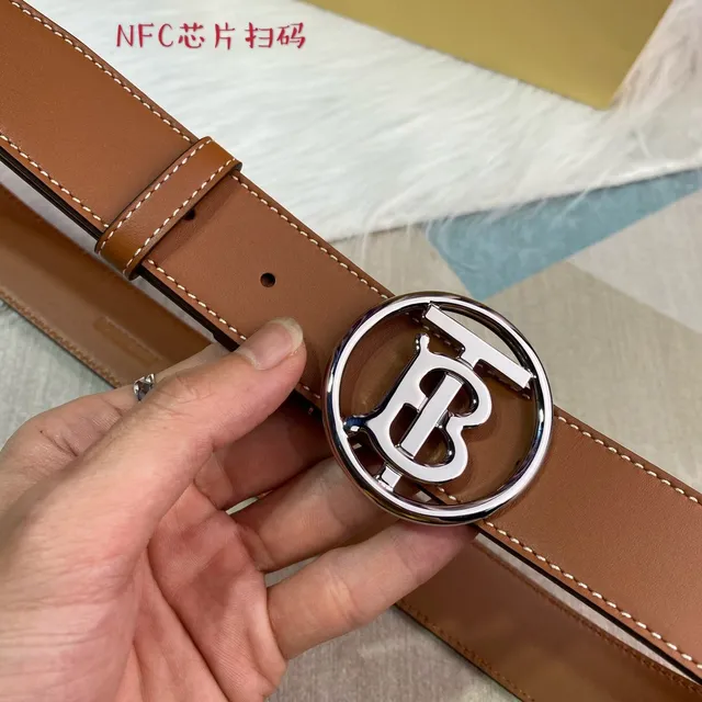 Burberry Thomas Monogram Belt Brown Silver Circular Buckle Tan Smooth Leather Belt 4