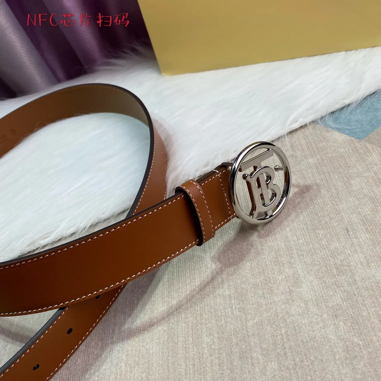 Burberry Thomas Monogram Belt Brown Silver Circular Buckle Tan Smooth Leather Belt 5