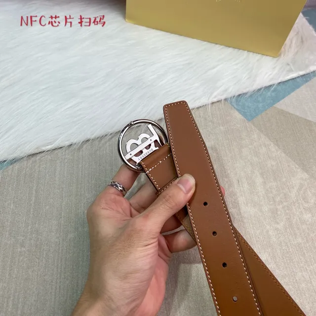 Burberry Thomas Monogram Belt Brown Silver Circular Buckle Tan Smooth Leather Belt 6