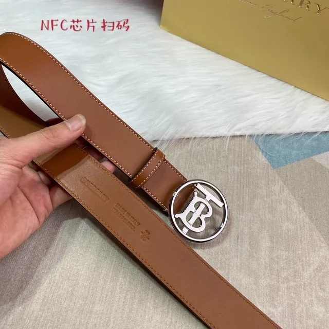 Burberry Thomas Monogram Belt Brown Silver Circular Buckle Tan Smooth Leather Belt 7