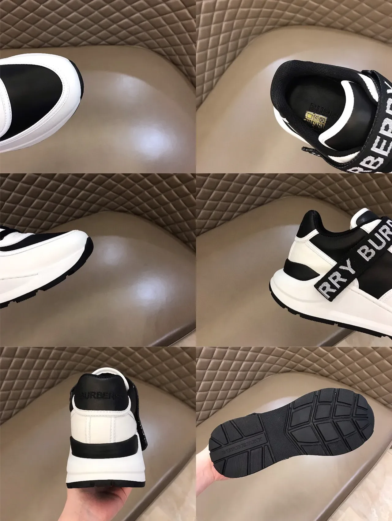 Burberry tênis lifestyle branco e preto com logo na correia de dois tons 2