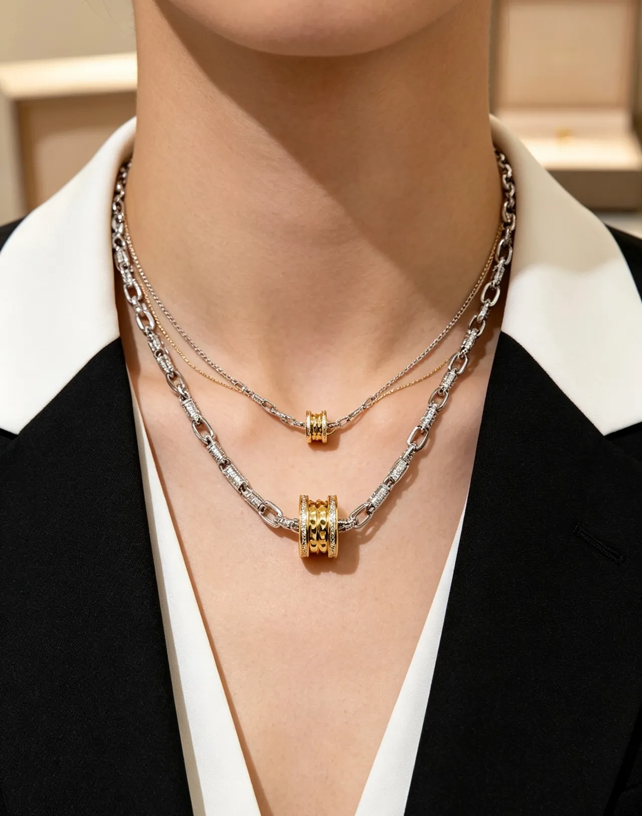 Bvlgari B.zero1 Bicolore Pavé Diamant Motif Rotatif Collier 4