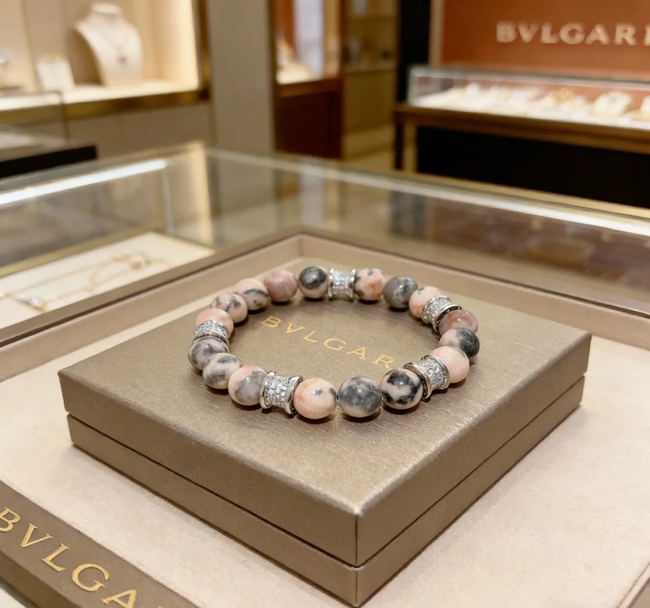 Bvlgari Beaded Marbled Stone and Pavé Silver Bracelet 2