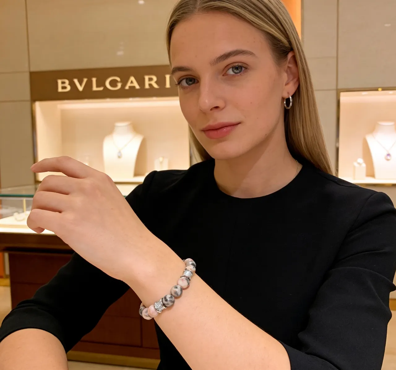 Bvlgari Beaded Marbled Stone and Pavé Silver Bracelet 4