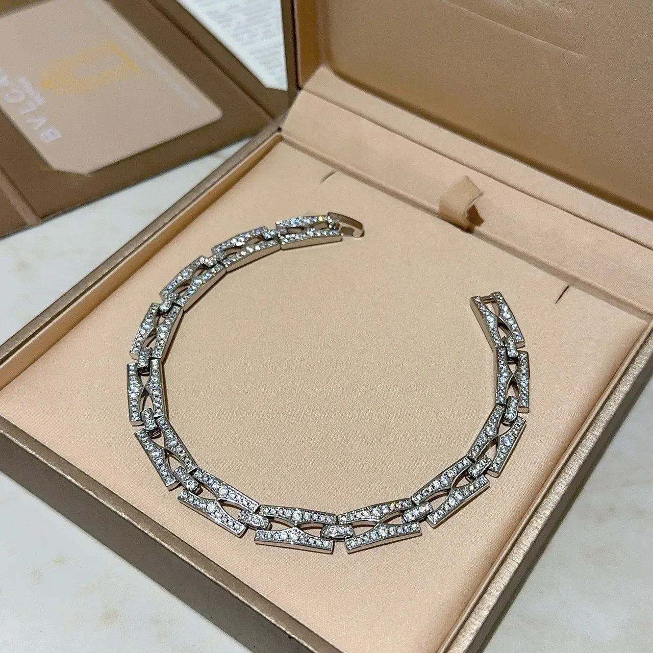 Bvlgari Geometric Pavé-Set Interlocking Link Bracelet 6
